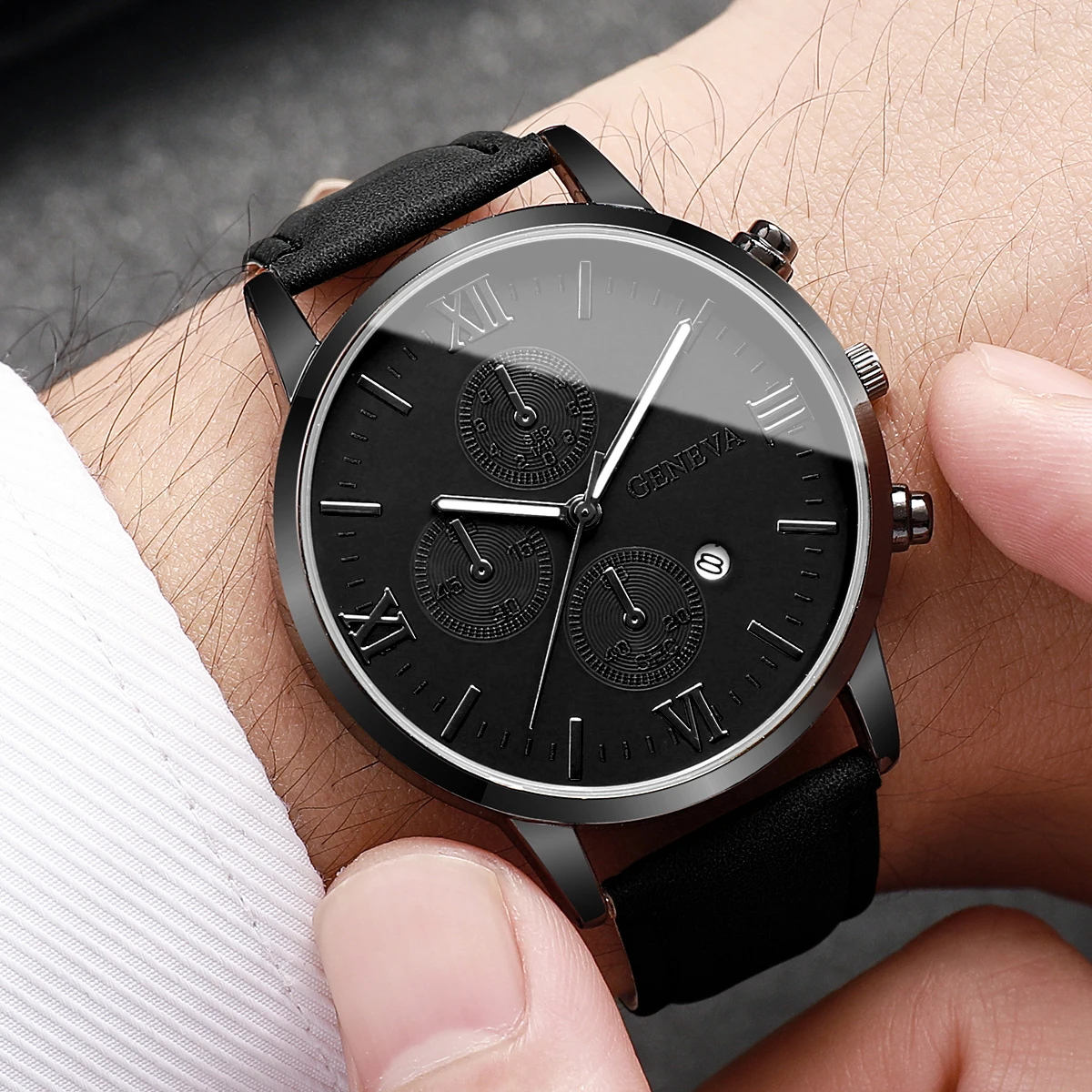 1/2PCs Men's Casual Calendar Watch Fashionable Men's Temperament Leather  Quartz Watch Unisex Watch Set(Box Not Included) 5