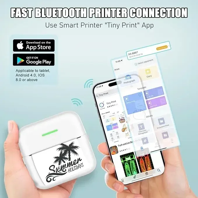 GlowMart Mini Pocket Printer Portable Thermal Sticker BT Printer for Android or iOS APP for Photo Journal Notes Memo Receipt