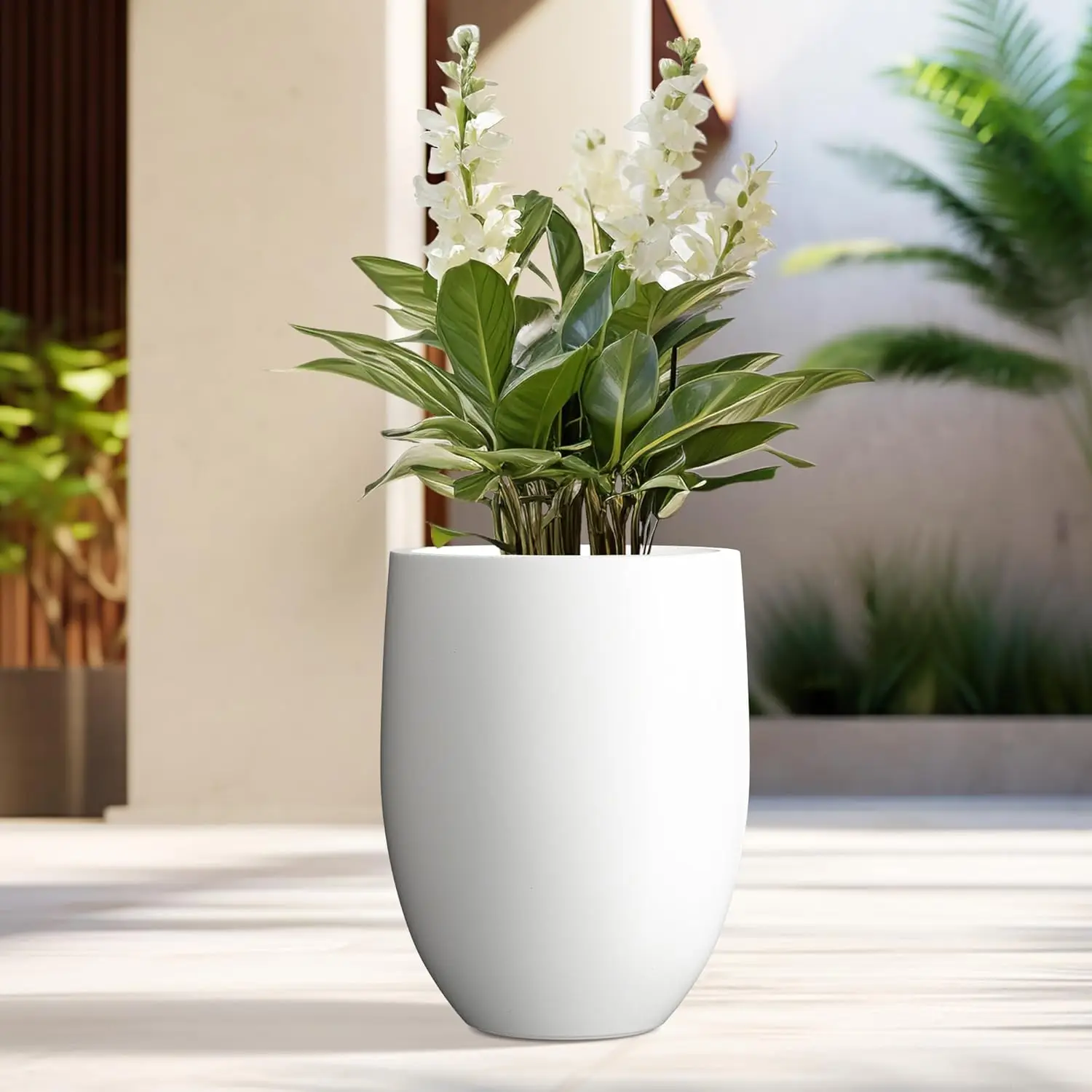 21.7" Pure White Concrete Tall Planter Large Outdoor Indoor Decorative Pot with Drainage Hole and Rubber Plug Modern Round Style