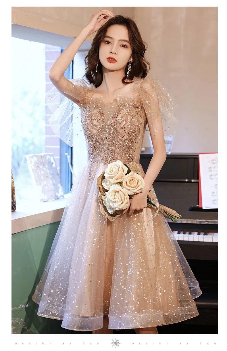 long sleeve prom dresses Elegant Off The Shoulder Sequin Tulle Short Prom Dresses For Birthday Party Champagne Women Formal Evening Dresses burgundy prom dresses