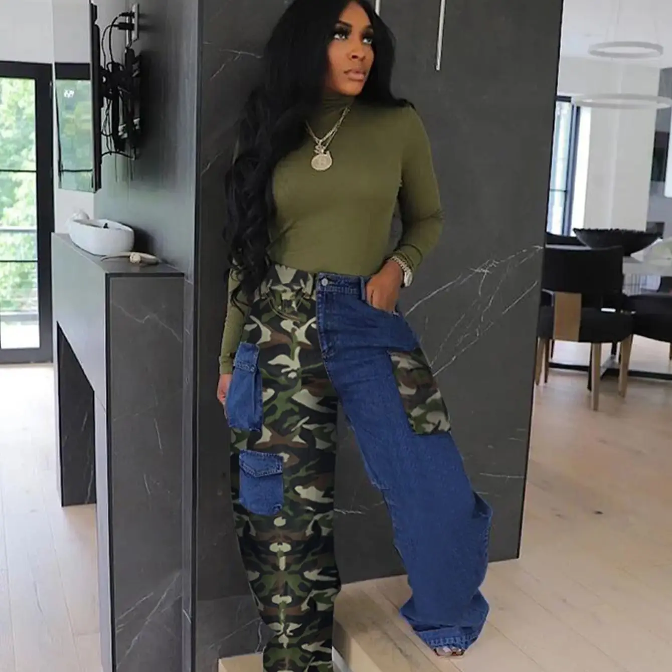 

Women Fashion Multi Pocket Camouflage Patchwork Straight Zipper Fly Denim Pants 2023 Safari Style Cargo Wide Leg Jeans