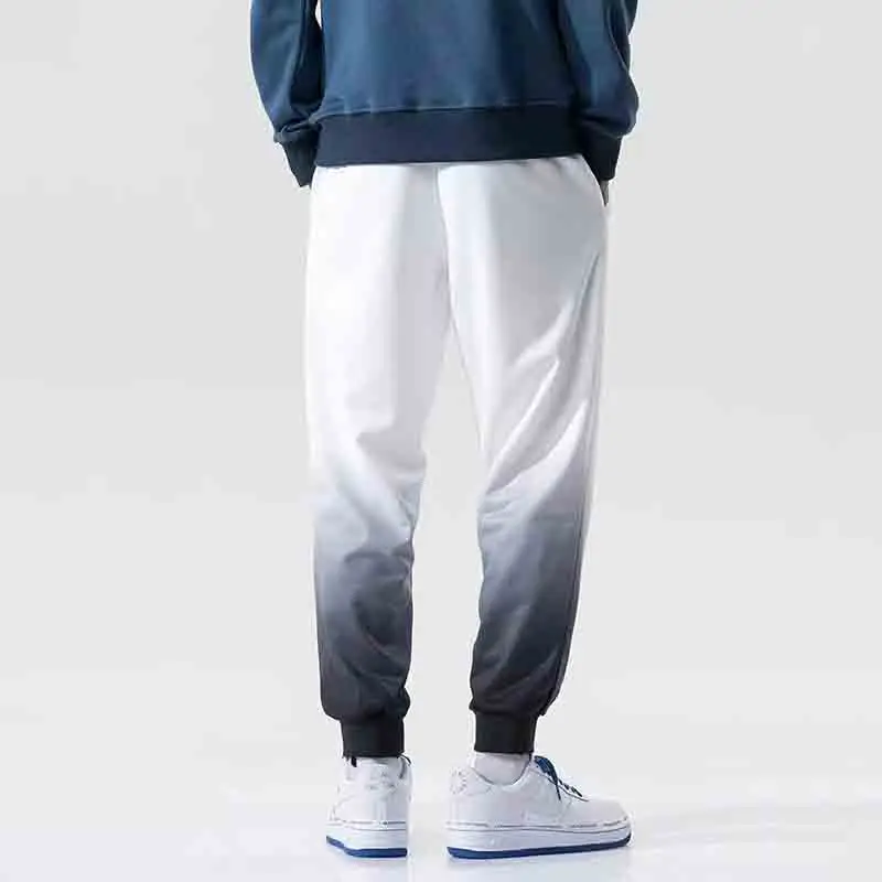 Korean Version Autumn Trend Versatile Sports Pants Men's Gradient Color Elastic Waist Drawstring Pocket Print Straight Trousers