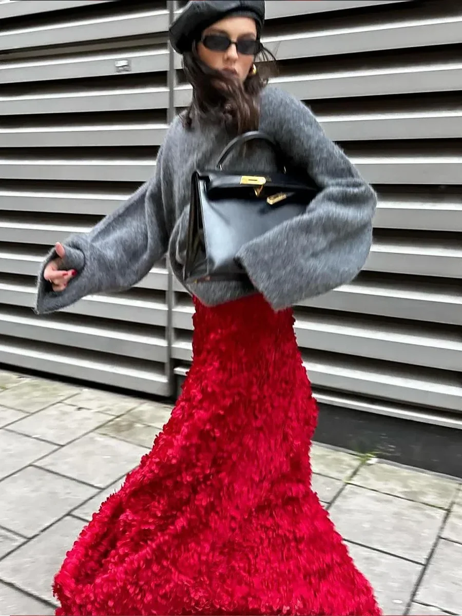 Bornladies Winter Red Fashion Long Petal Skirt Women's Design Inspired Evening Gown Elegant Lady Unique High Waisted Skirt