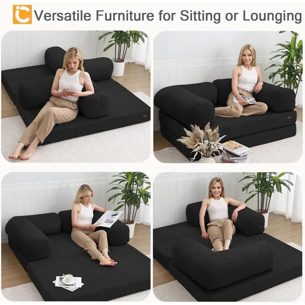 NEW-Folding Sofa Bed Queen, 4-in-1 Foldable Floor Couch Convertible Futon Sofa with Armrests Sleeper Mattress Chair Bed Comfy Po