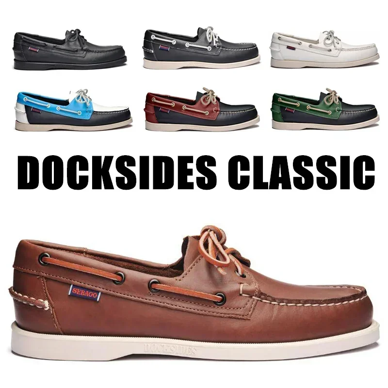 

Men Authentic Sebago Docksides Shoes - Premium Leather Moc Toe Lace Up Boat Shoes 001A