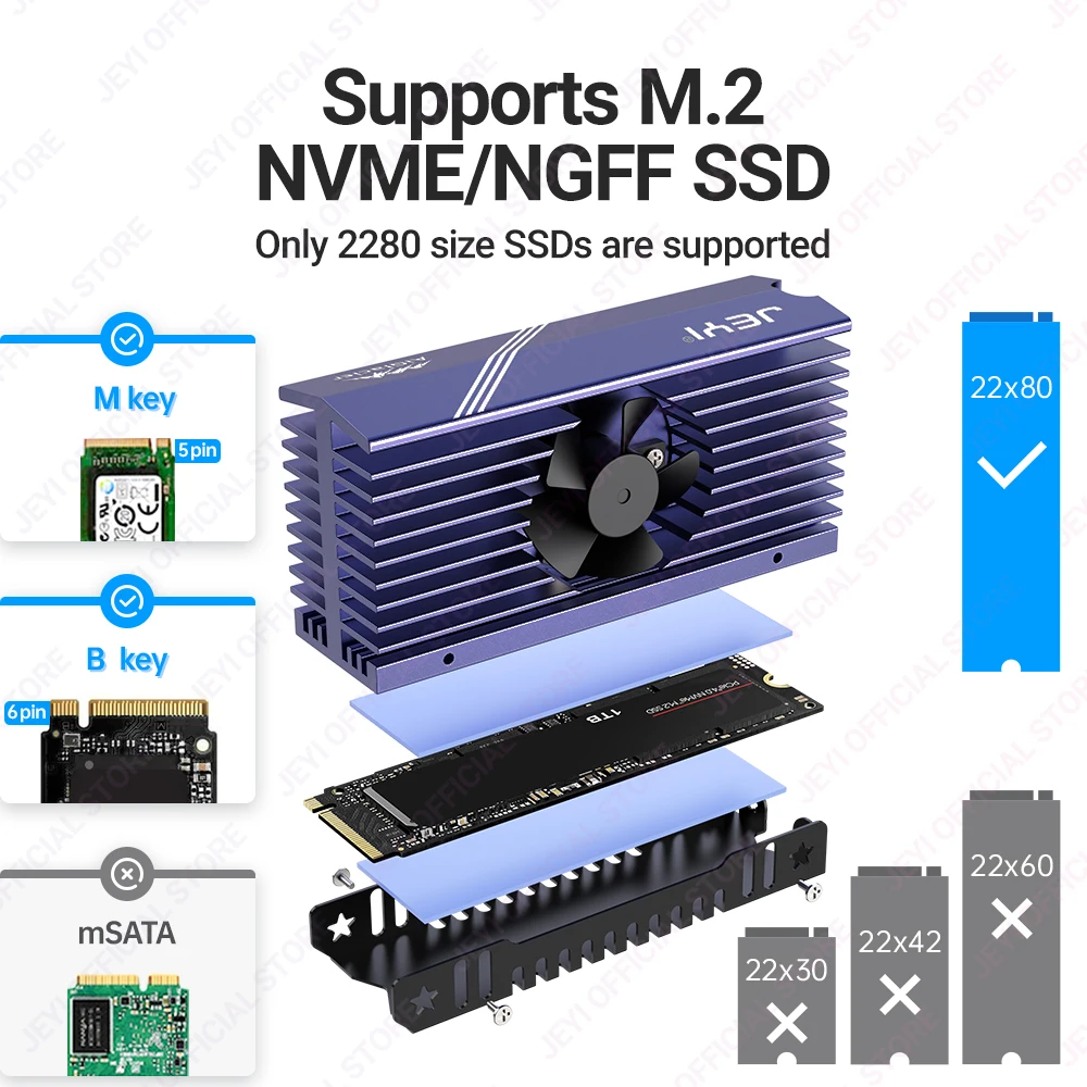 JEYI M.2 SSD 방열판, 무소음 터보팬, 2280 NVME 라디에이터, 알루미늄 합금 PC 효율적인 쿨러, 실리콘 열 패드