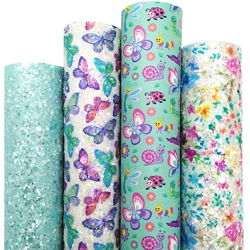 Blue Chunky Glitter Leather Butterflies Flowers Printed Glitter Fabric Synthetic Leather Vinyl Sheets For Bows DIY 21x29CM Q817