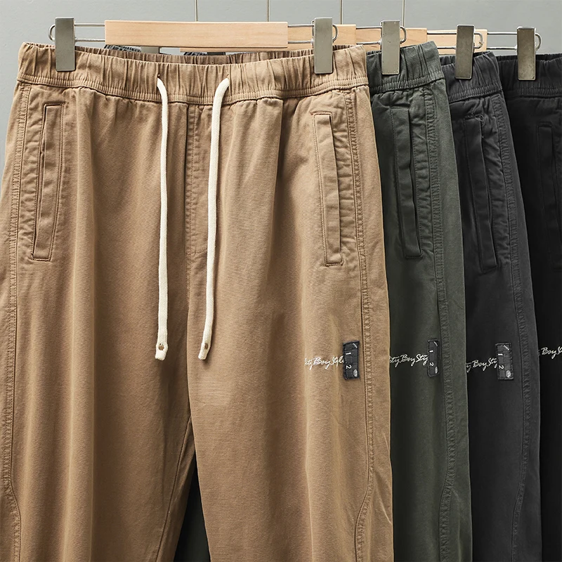 American Style WorkWear Men's Autumn Cotton HigH Street Trendy Brand Patchwork Cropped Pants, EmbroidErEd Leggings, Casual Pants