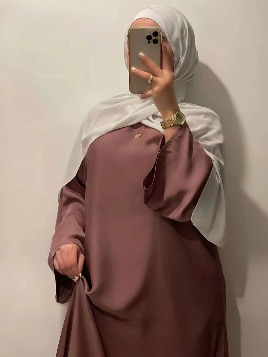 Fashion Satin Sliky Djellaba Muslim Dress Dubai Full Length Flare Sleeve Soft Shiny Abaya Dubai Turkey Muslim Islam Robe