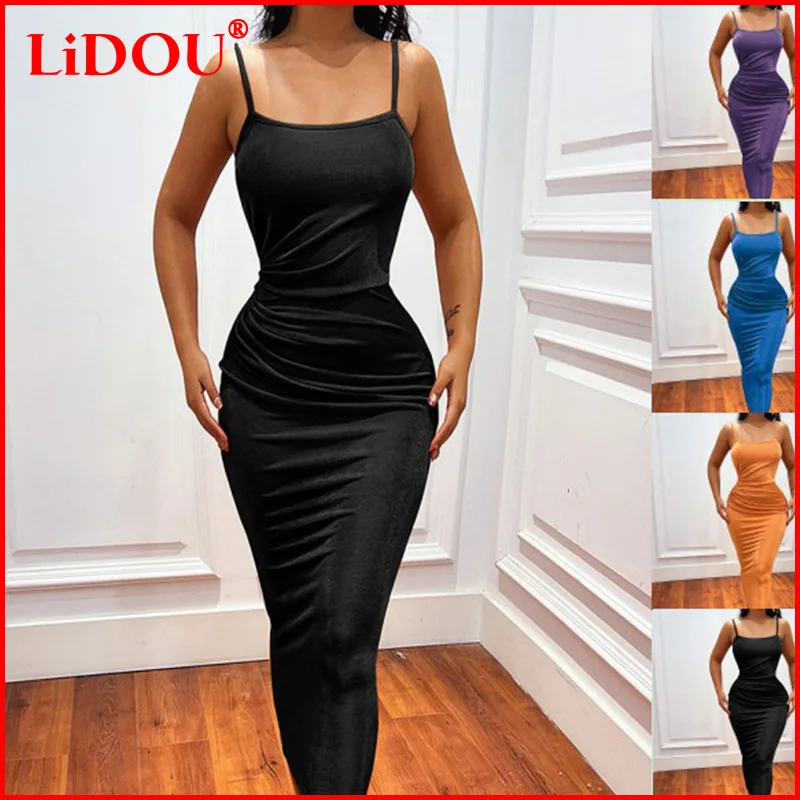 

2022 New Spring Summer Clothes for Women Sexy Off Shoulder Solid Color Pleated Camis Dresses Skinny Pullover Long Section Dress