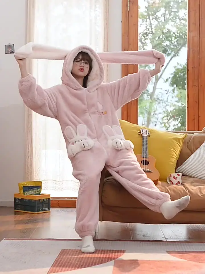 Coral Velvet Onesies Women Cute Rabbit Preppy Cartoon Hooded