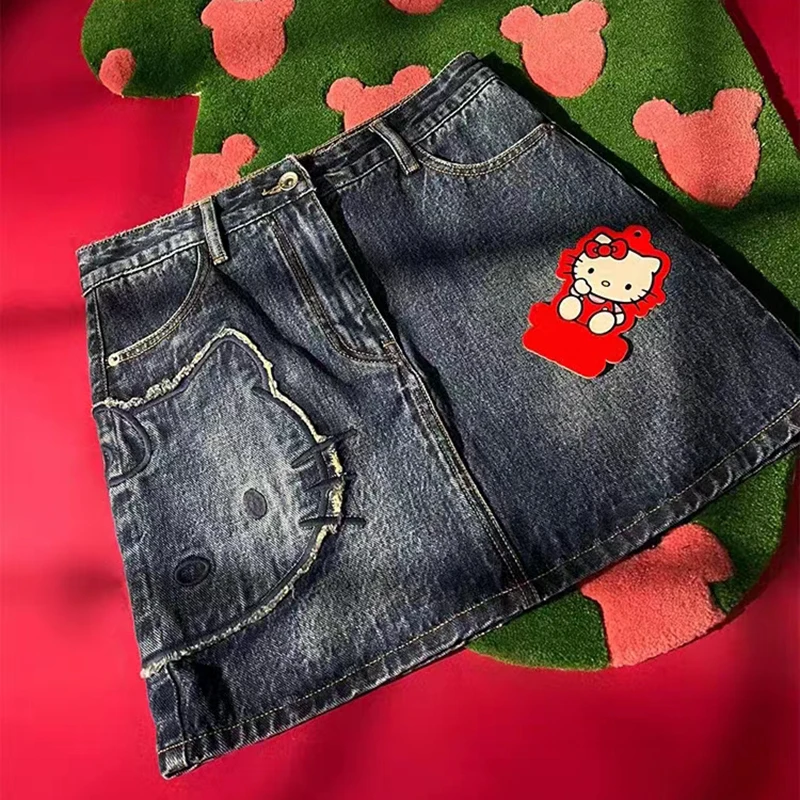 

Summer New A-Line Skirt Kawaii Kitty Embroidery Denim Washed Old Skirt Fashion Versatile Short Skirt Comfortable with Lining