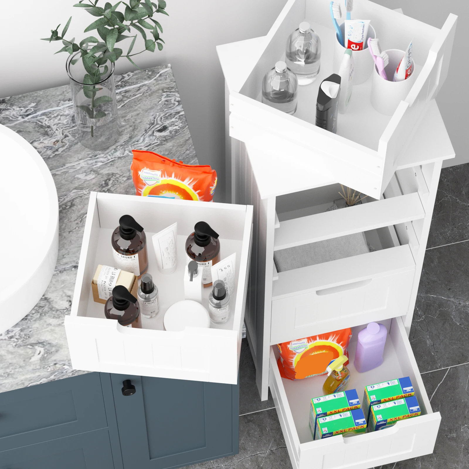 Kommode mit 4 Schubladen, weißer bodenstehender Badezimmer-Aufbewahrungsschrank, Aufbewahrungsschrank aus Holz, Kommode, Organizer-Einheit, MDF – Detail 4