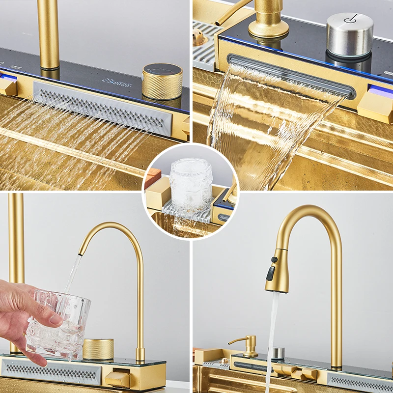304 Stainless Steel Kitchen Sink with Digital Display Waterfall Faucet, Multifunctional 75*45cm Large Single Slot Whale Sink 4