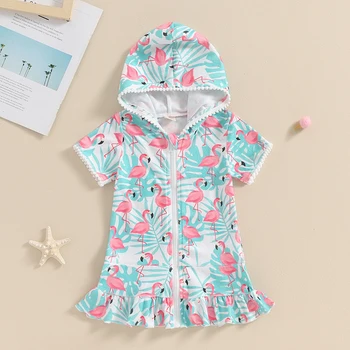 Kids Girl Beach Dress Short Sleeve Hooded Zipper Closure Watermelon Flamingo Ice Cream Print Summer Dress Swimwear