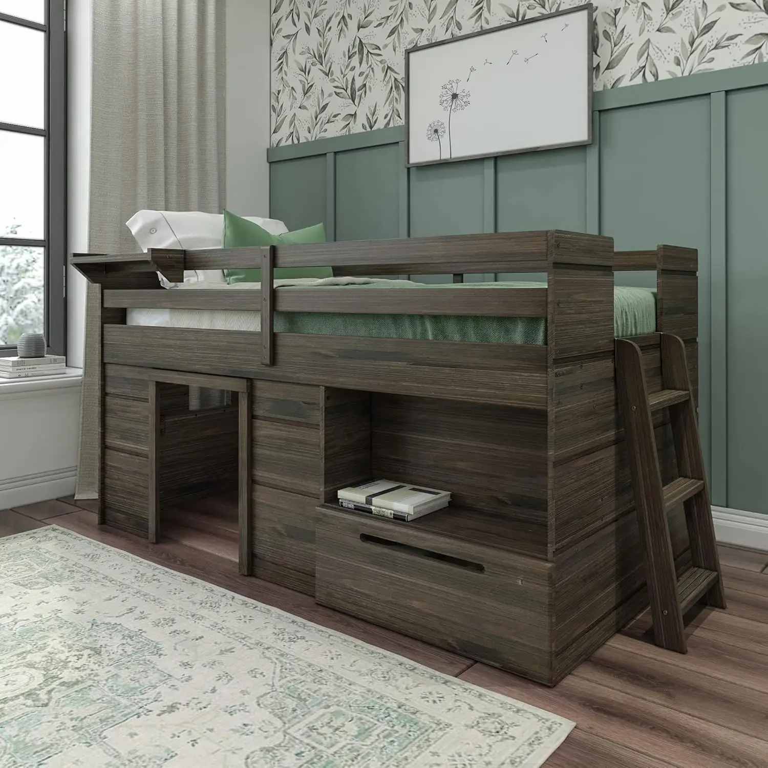 Max & Lily Loft Bed Twin Solid Wood Storage Drawer Ladder Modern Farmhouse Kids Barnwood Brown Children Toddler