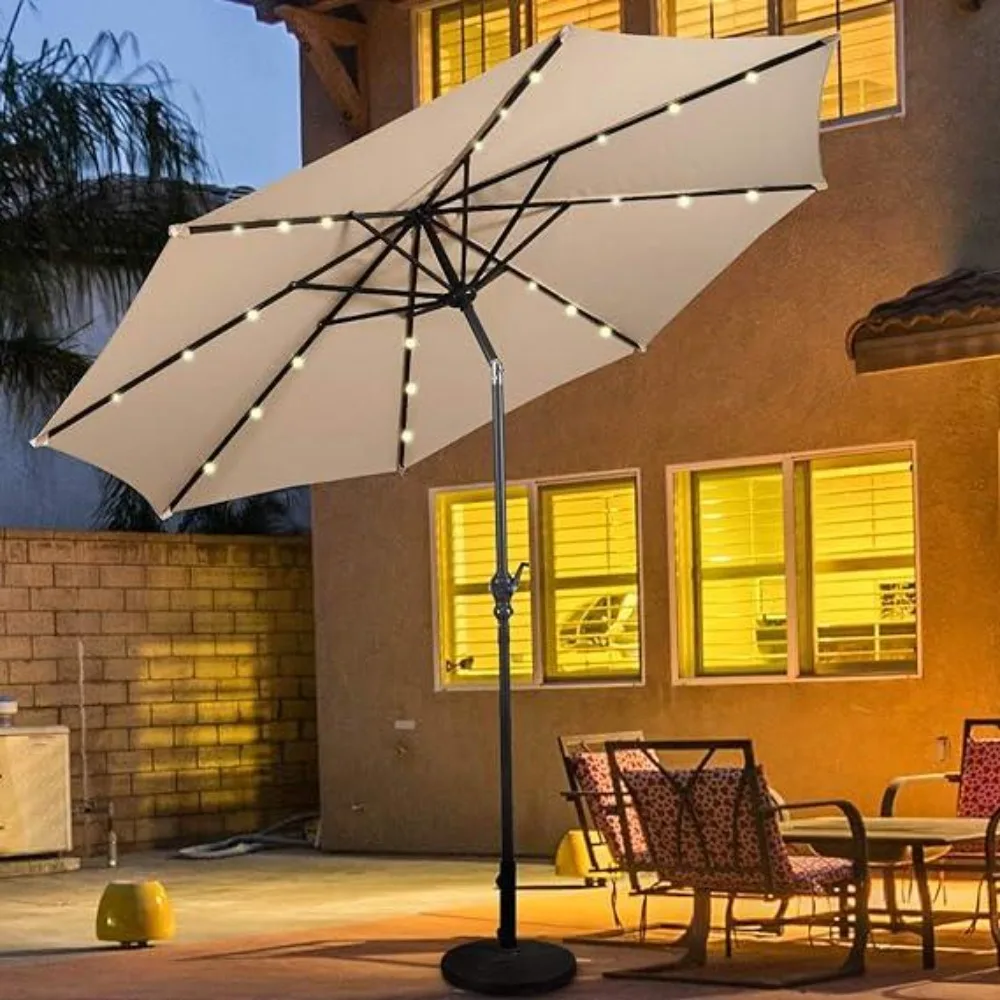 

10ft Outdoor Patio Umbrella with Solar Lights, Table Market Umbrella with Crank and Push-button Tilt System, Solar LED Lighted