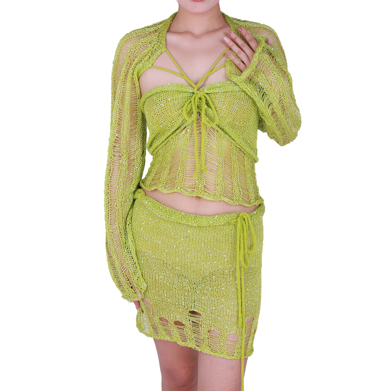 Damen 3-teiliges Pailletten Set Y2K Style - Rock & Crop Top Mit Cardigan