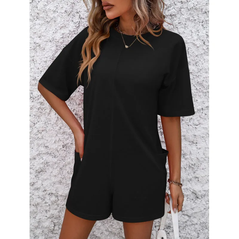 Summer New Women's Solid Color Crew Neck Spliced Casual Short Sleeve Fashion Loose Jumpsuit Backless Women's Outdoor Sportswear