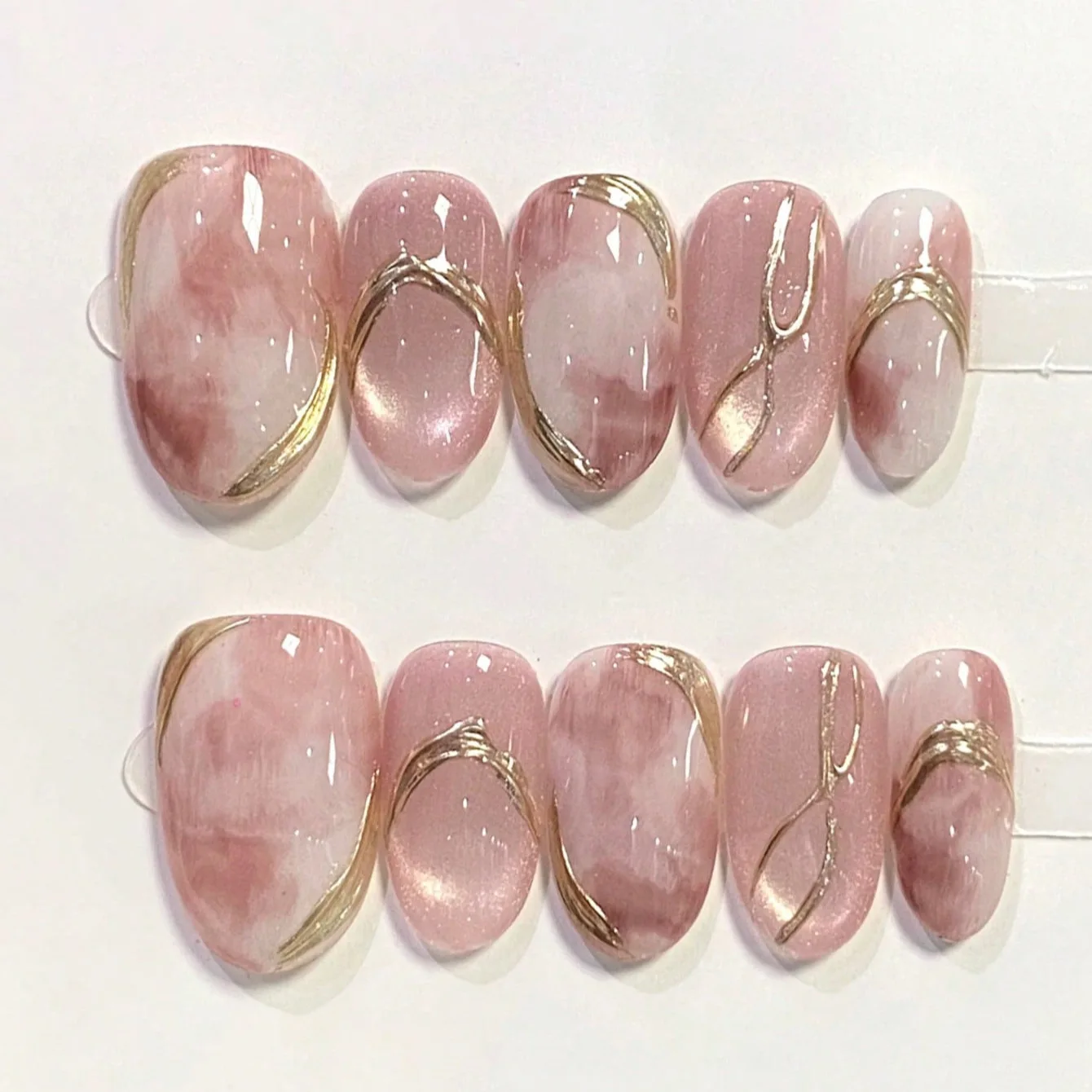 10개/세트 짧은 캣아이 오벌 핸드메이드 프레스온 네일 프렌치 페이크 네일 3D 펄 디자인 인조 네일