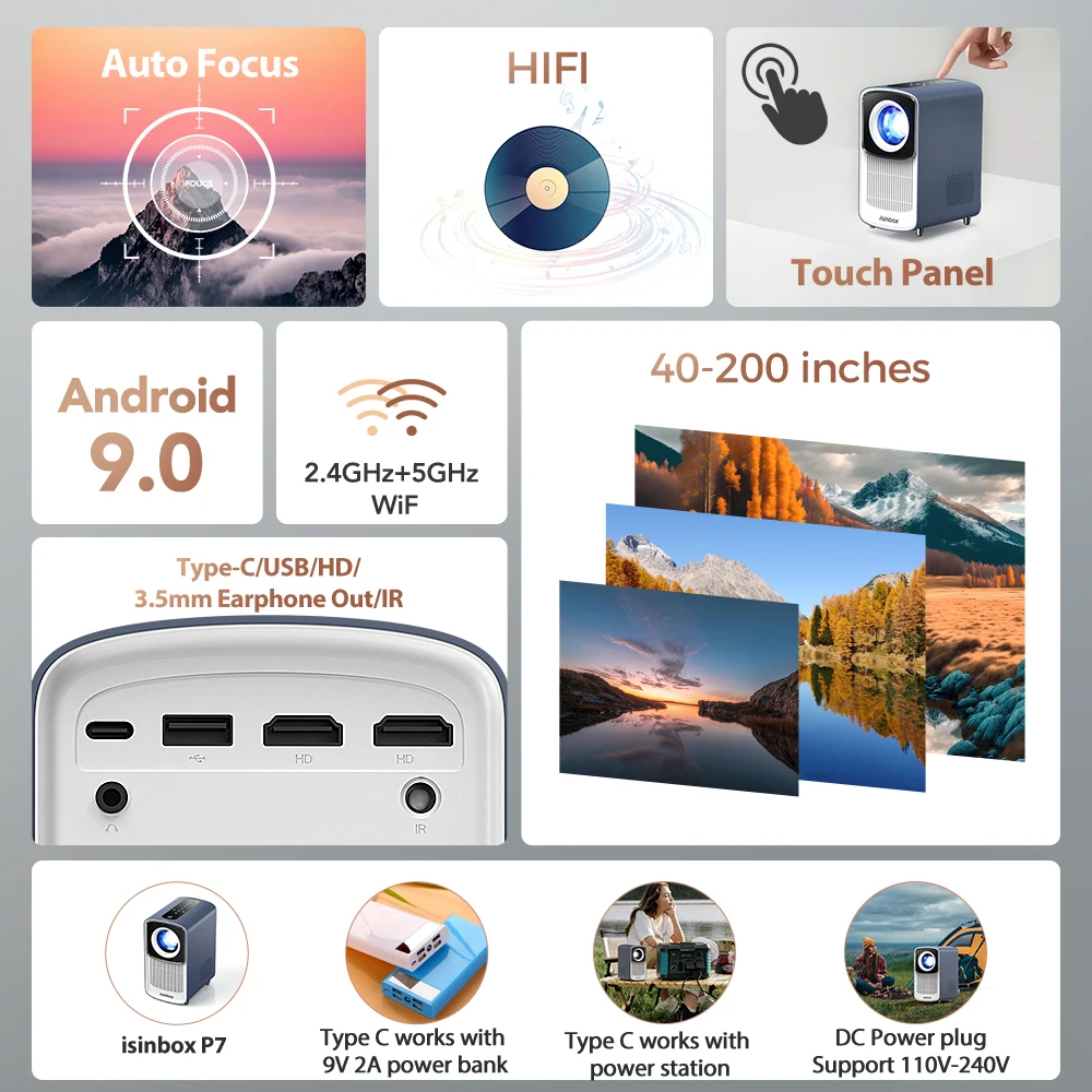 Portable projector Outdoor Projector Support Power Bank Auto Focus 4K Android Home Theater WIFI BT Portable Projector Type C For Traveling Camping