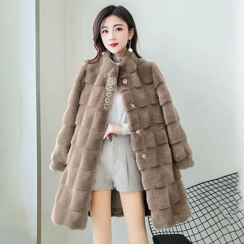 

Long Jacket Women Winter 2023 Femme Veste Fur Mink wool Gradient Mink Collar Stripe Clothes Warm Soft Furry Overcoat