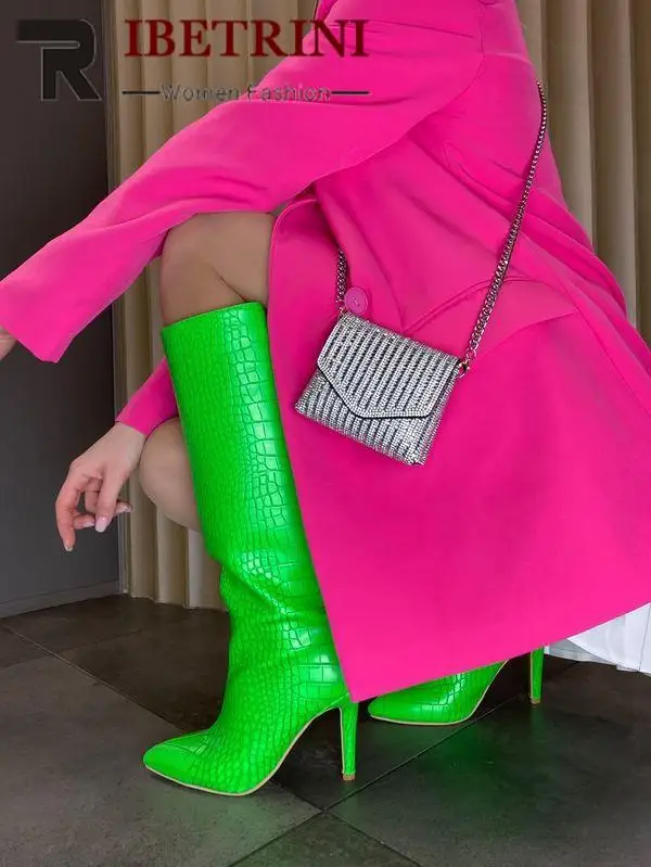 Female Pointed Toe Boots For Women Slip On Fashion Stiletto Heels Shoes Knee High Med Calf Boots Stone Print Sexy
