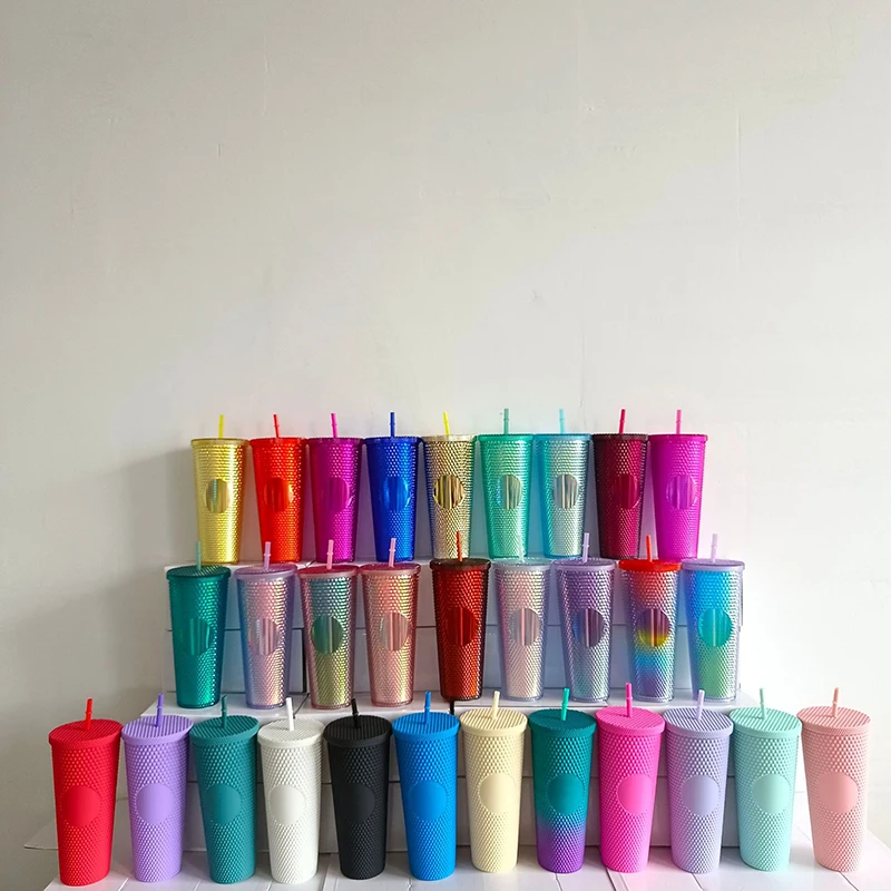 

710ml Double Layer Plastic Straw Water Bottle With Lid Laser Coffee Mug Portable Drinking Cup For Beach Home Office