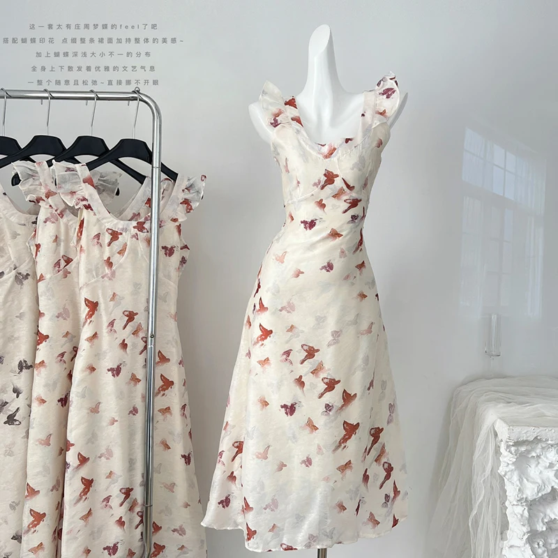 

Женское платье на бретельках, элегантное платье во французском винтажном стиле с принтом в виде бабочек для отдыха на море, лето 2024