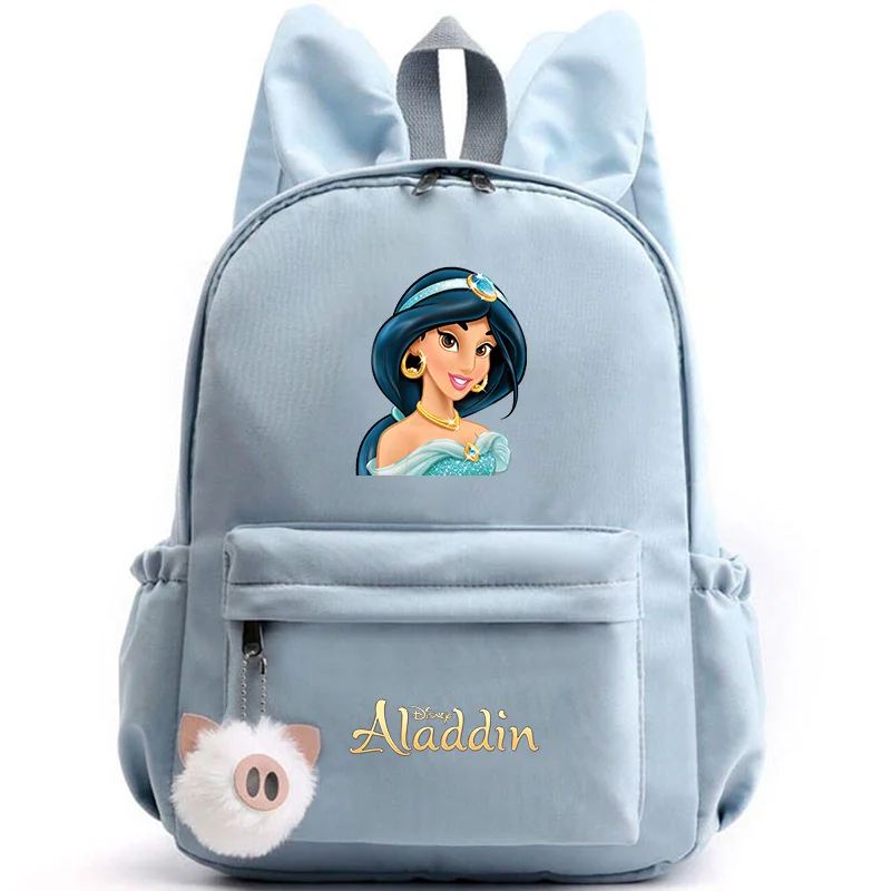 Aladdin Jasmine princess-themed backpack with rabbit ears for kids and teens, ideal for school and travel. L blue 4548633