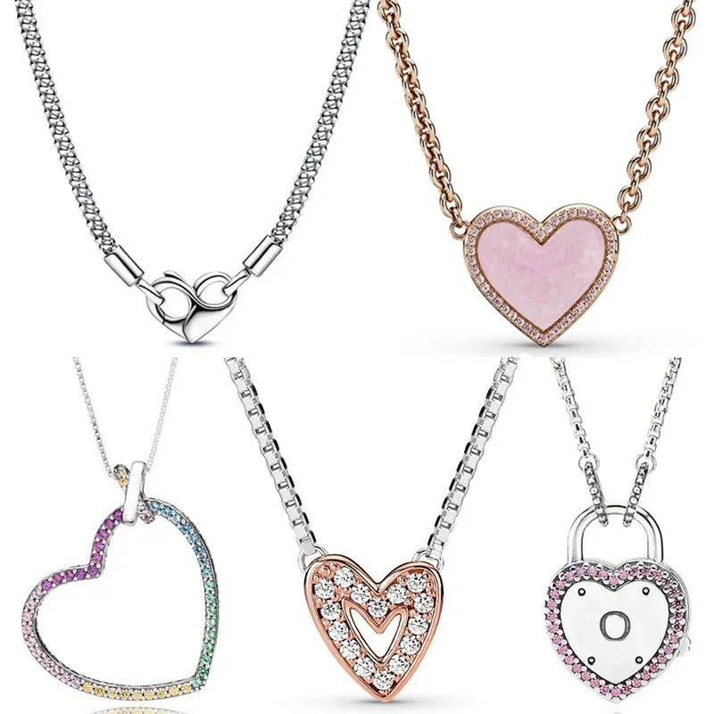 

Freehand Rainbow Heart Lock Your Promise Studded Chain Necklace 925 Sterling Silver Necklace For Europe Bead Charm DIY Jewelry