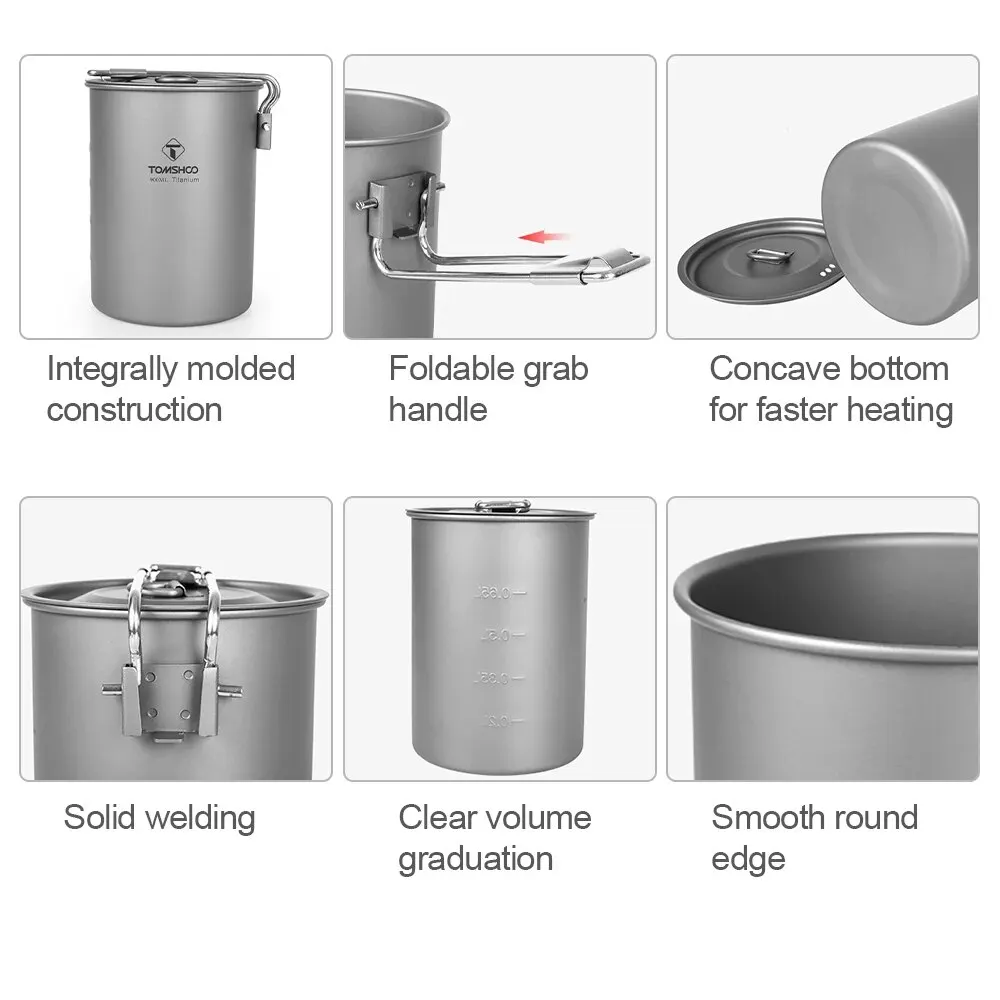 Tomshoo 900ml Titanium Pot W Lid Folding Handle Portable Cookware Outdoor Camping Hiking Picnic Water Rice Food Bowl Cup Bottle