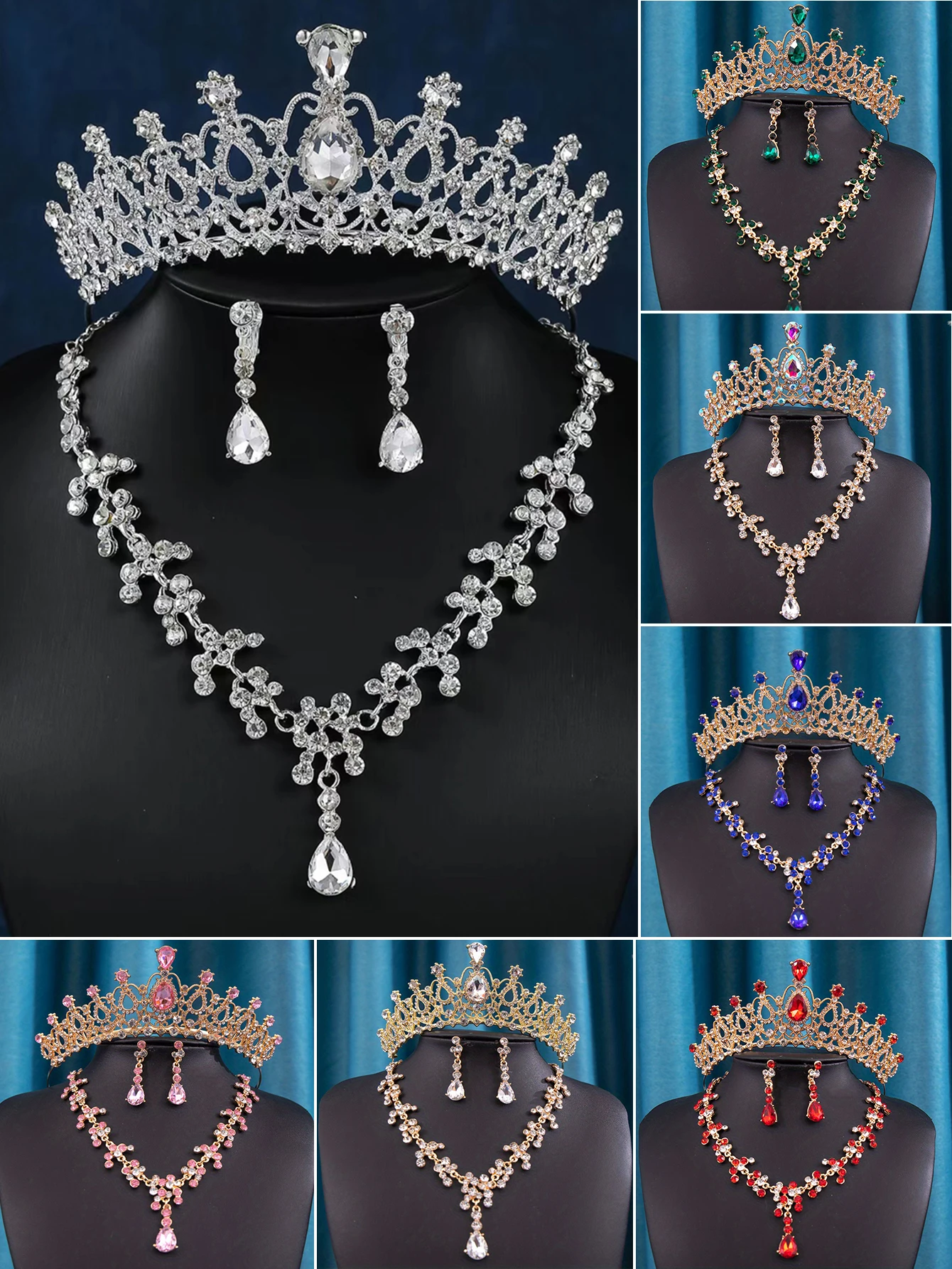 1pc bride rhinestone crown tiara new veil crown necklace set of three girls performance birthday gift hair accessories