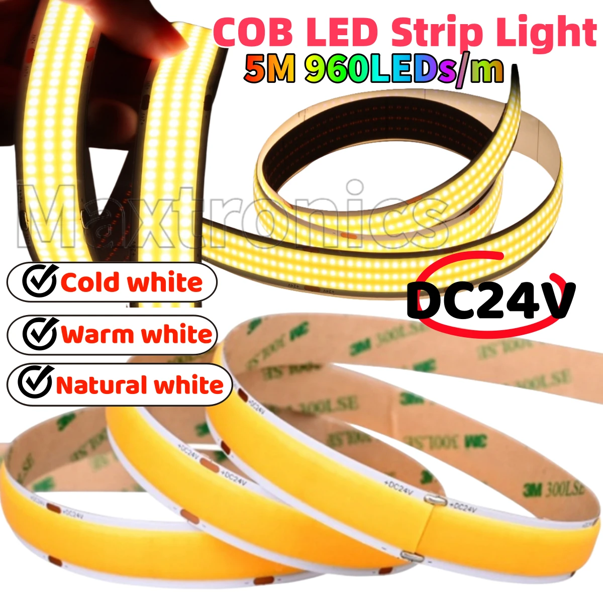 3열 초고휘도 DC24V 5M COB LED 스트립 라이트 3000/4000/6000K 2200루멘/m 고밀도 LED 조명 960LEDs/m 유연한 테이프