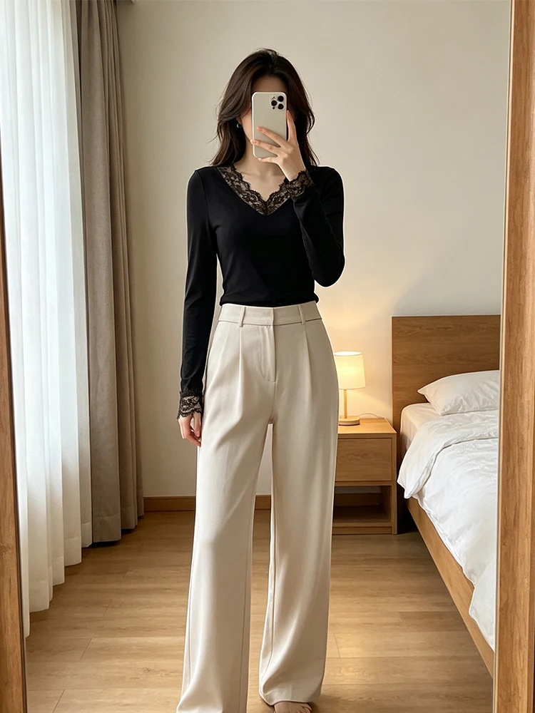 Wimpernspitzen-V-Ausschnitt Langarm-Shirts für Damen, Weiche Dehnbare Mesh Slim-Fit Basis-Oberteile, Herbst Tägliche Büro-Layering-Bluse