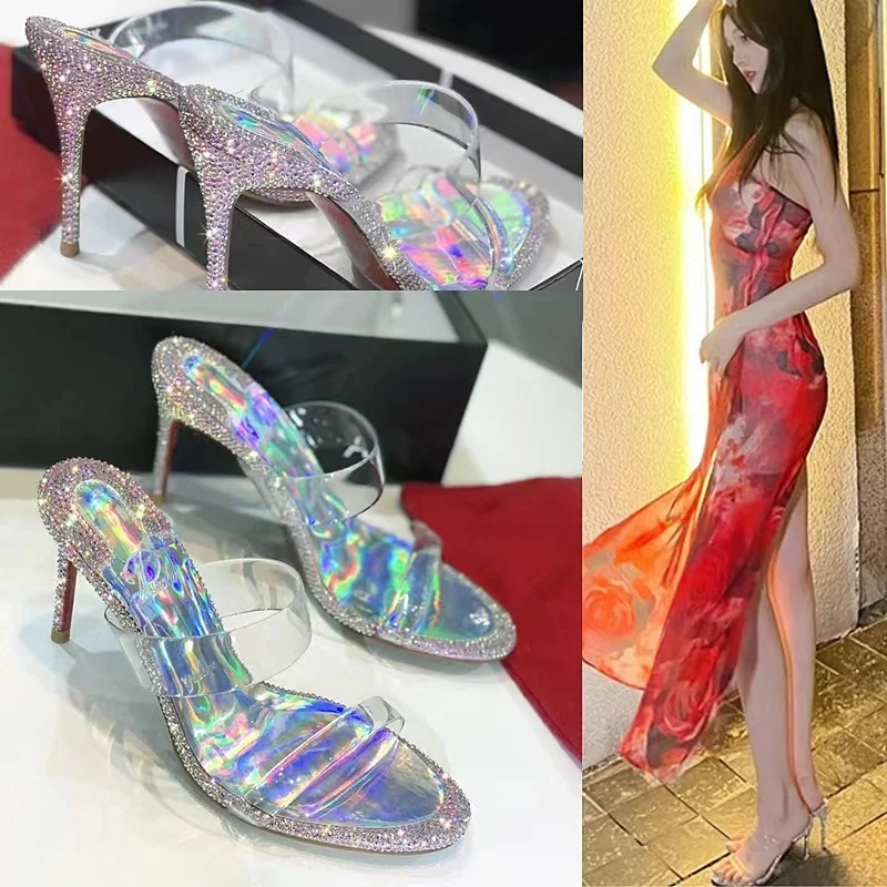 New rhinestone high heels for women, slim heels, transparent crystal shoes for fairy, cool slippers for women