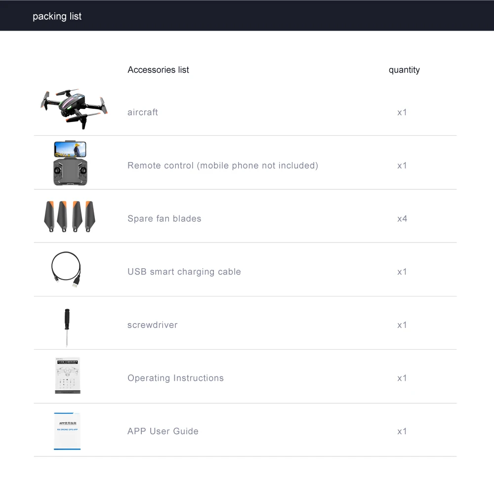 K108 Drone, packing list quantity aircraft remote control (mobile phone not included) spare fan