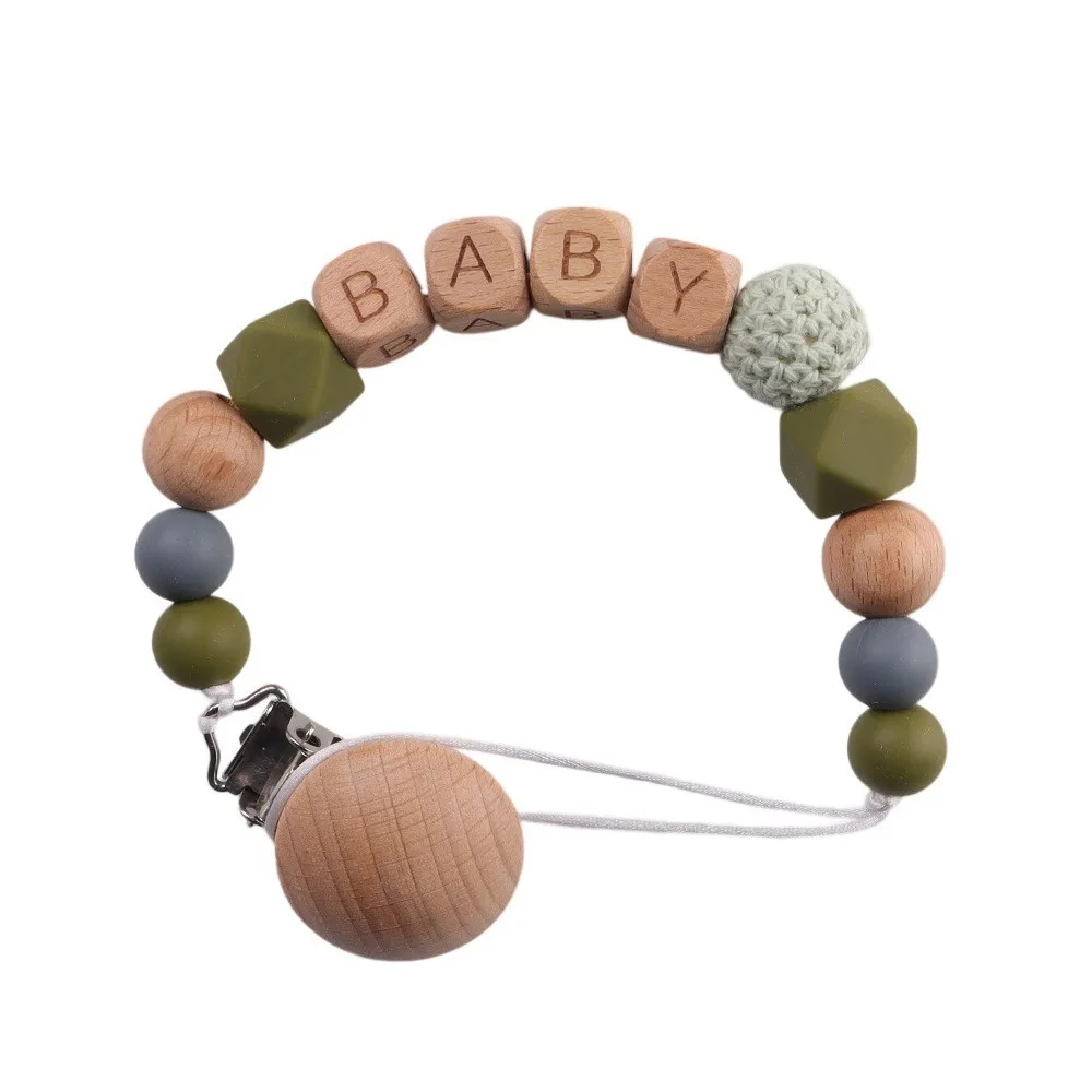 Personalized Name Baby Pacifier Clip with Wooden Alphabet Beads, Anti - Drop Soother Holder