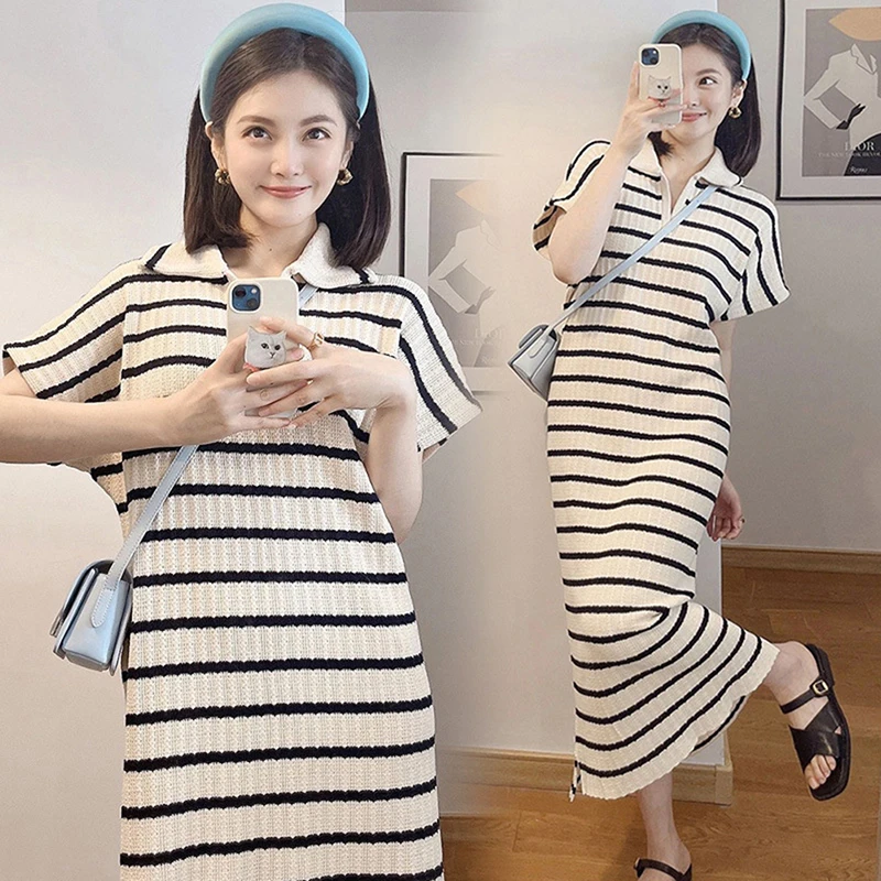 

Loose Striped T-shirt Dress Female Korean Casual Mid-length Simple Short-sleeved Cotton Dress Contrasting Color CollarDress