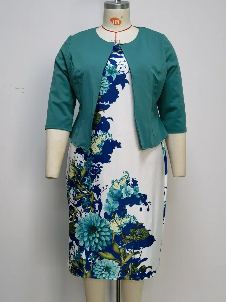 2 PCS Set Coat Dress African Office Lady Women Set Lace Hot Drilling Color Matching 3/4 Sleeve Two Piece S