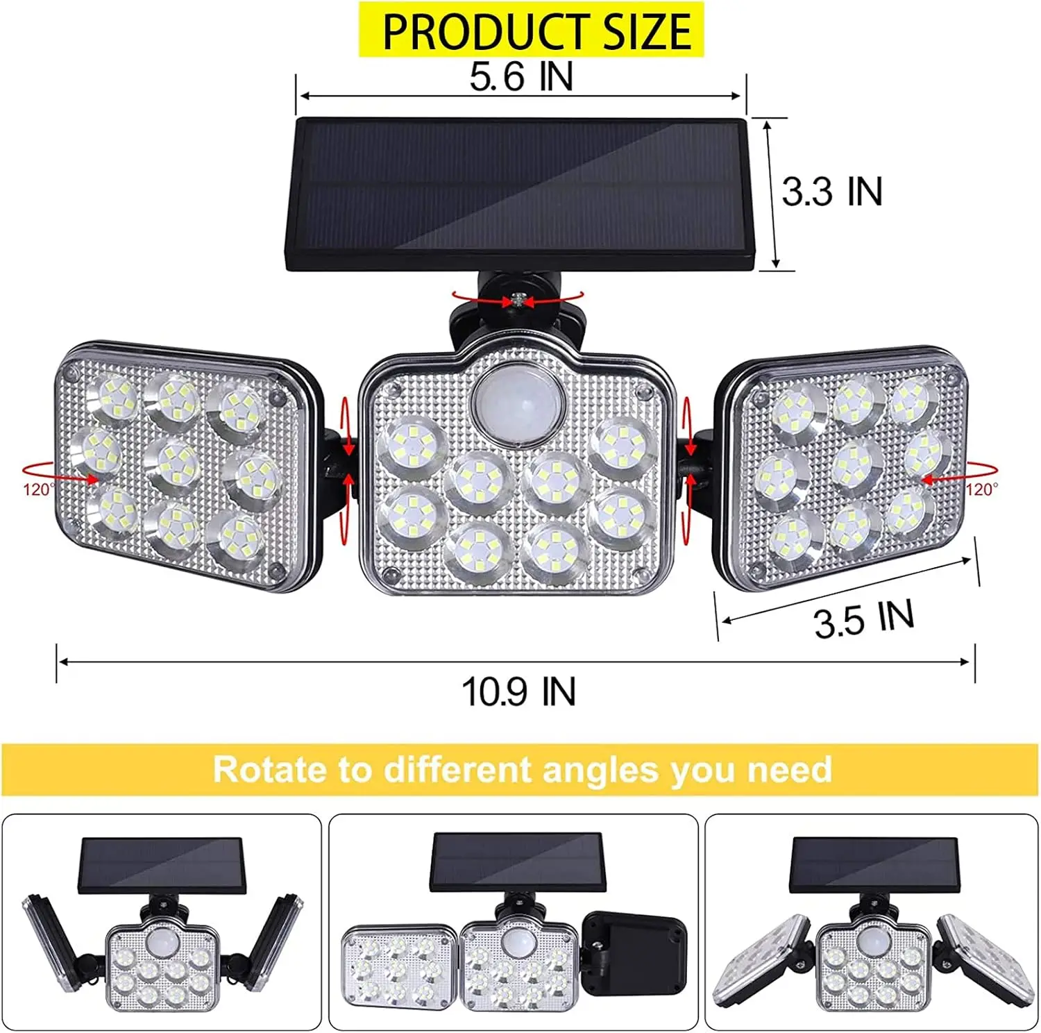 Outdoor Solar Light 3 Head Motion Sensor 270 Wide Angle Illumination Waterproof