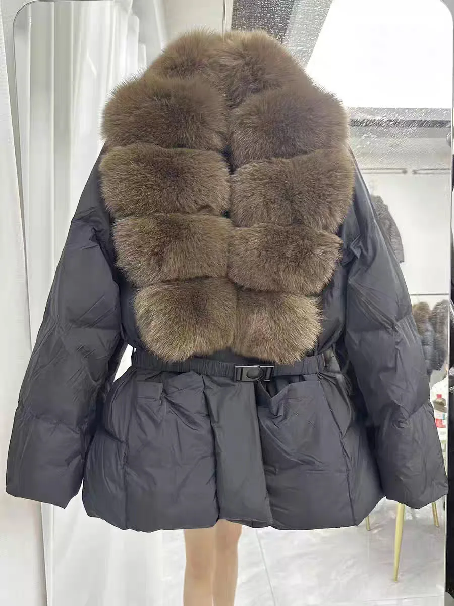 Winter High End Natural Large Fur Collar Down Jacket Women White Duck Down with Belt Outwears Female Solid Thicken Warm Jackets