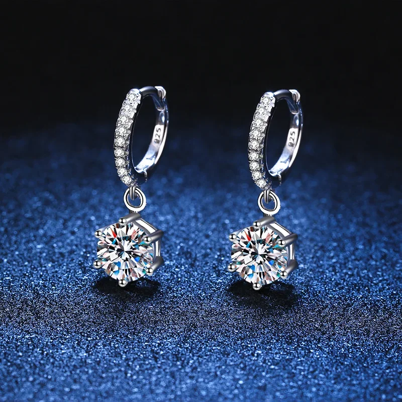 

S925 Sterling Silver Pt950 Micro Setting Classic Six Prong Drop Moissanite Earrings D Color Moissanite Women's Earrings