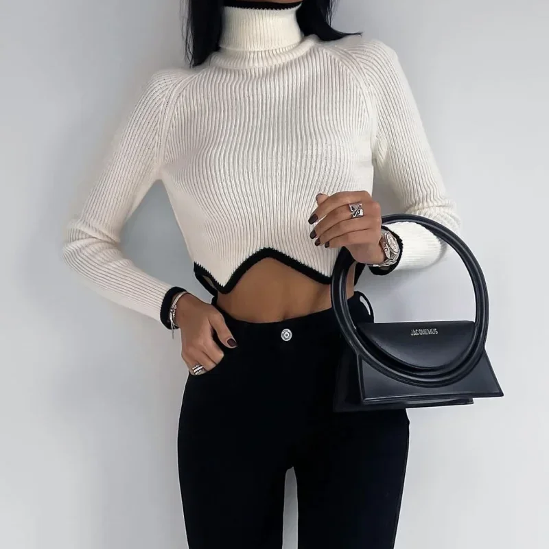 

Autumn and Winter Solid Color Casual Women's Sweaters Long Sleeve High Neck Irregular Hem Slim Knitted Pullover
