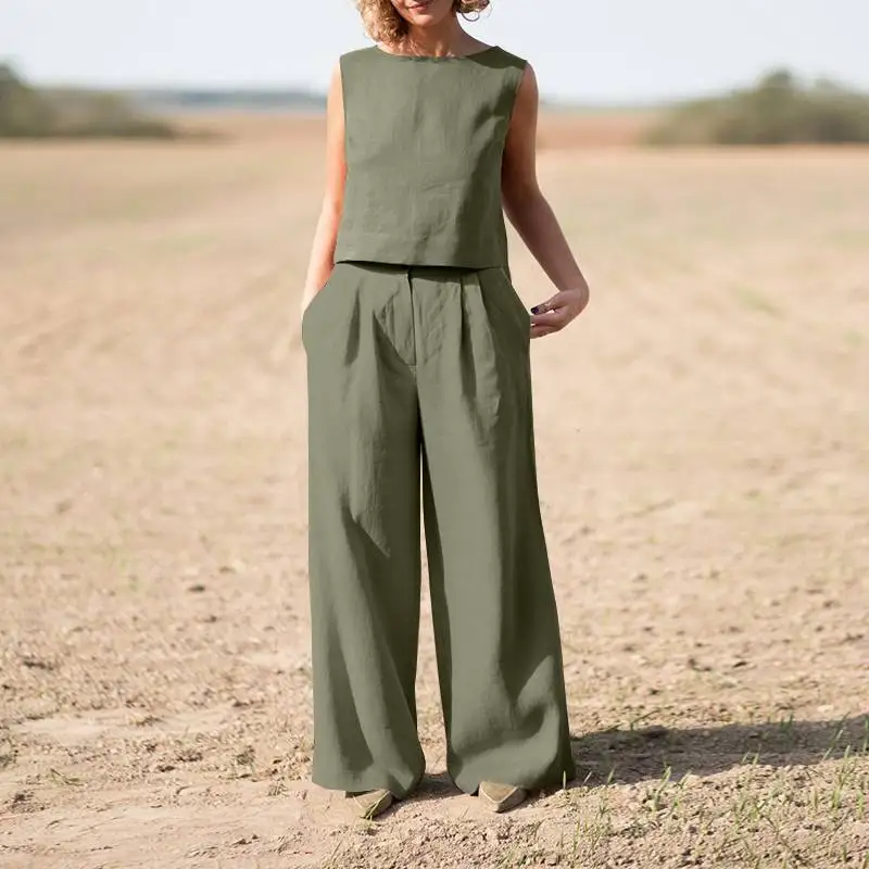 Women's Suit 2025 Women's Solid Color Retro Pants Suit Cotton and Linen Casual Long Sleeve Loose Cotton Suit 2 Piece Set 1