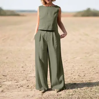 Women's Suit 2025 Women's Solid Color Retro Pants Suit Cotton and Linen Casual Long Sleeve Loose Cotton Suit 2 Piece Set 1