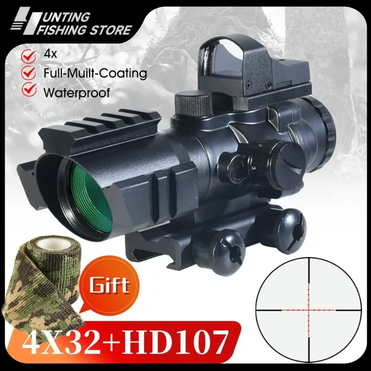 Tactics 4x32+HD107 Scope Combo Optics 5 Gear Adjustment Red Illumination Collimator Sights Hunting Airsoft Riflescope Viewfinder