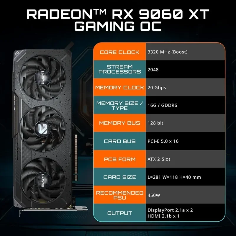 Garden Furniture  Radeon RX 9060 XT Gaming OC 16G Graphics Card, PCIe 5.0, 16GB GDDR6, GV-R9060XTGAMING OC-16GD Video Card