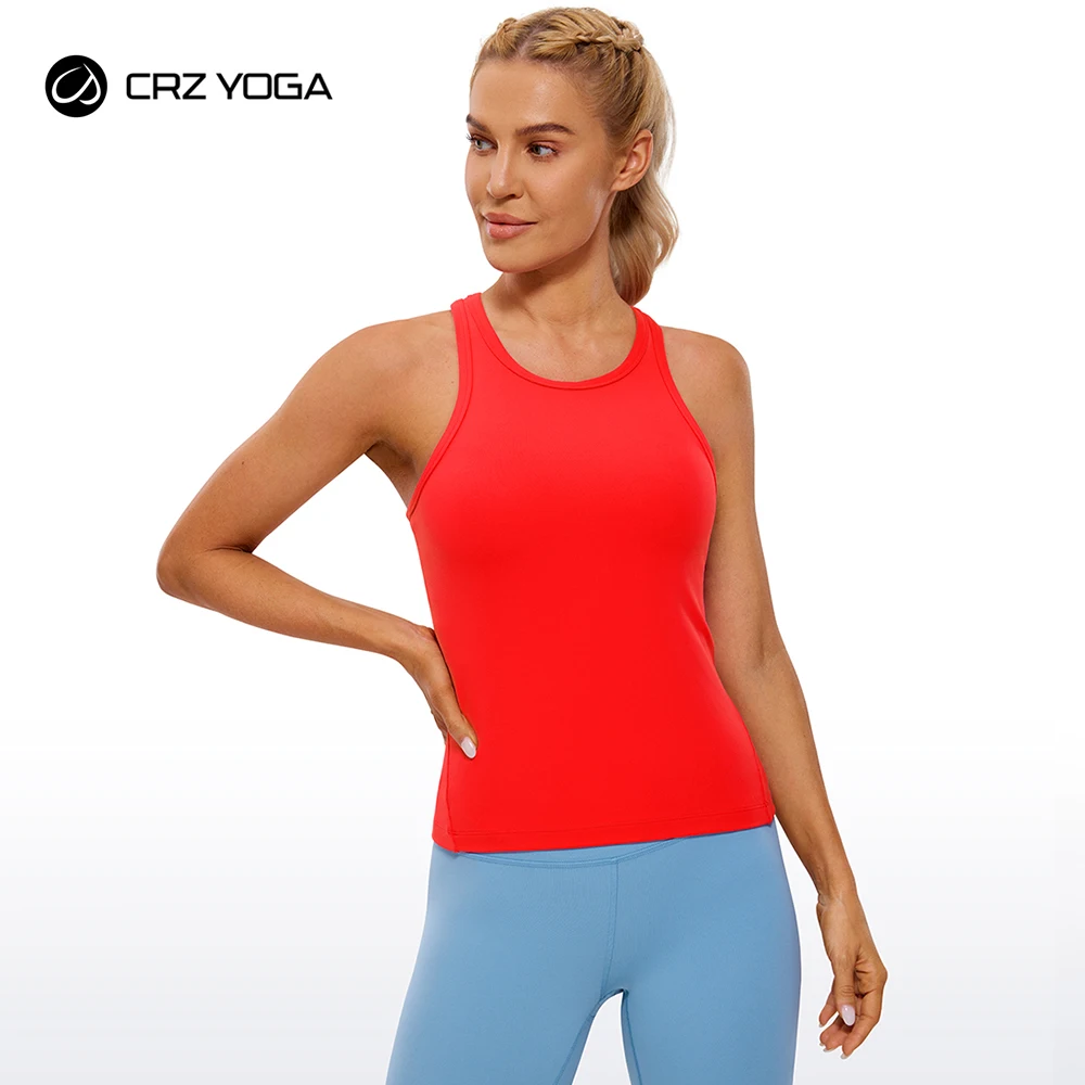 

CRZ YOGA Womens Seamless Ribbed Racerback Tank Tops with Built in Bra - Padded Scoop Neck Slimming Athletic Long Camisole