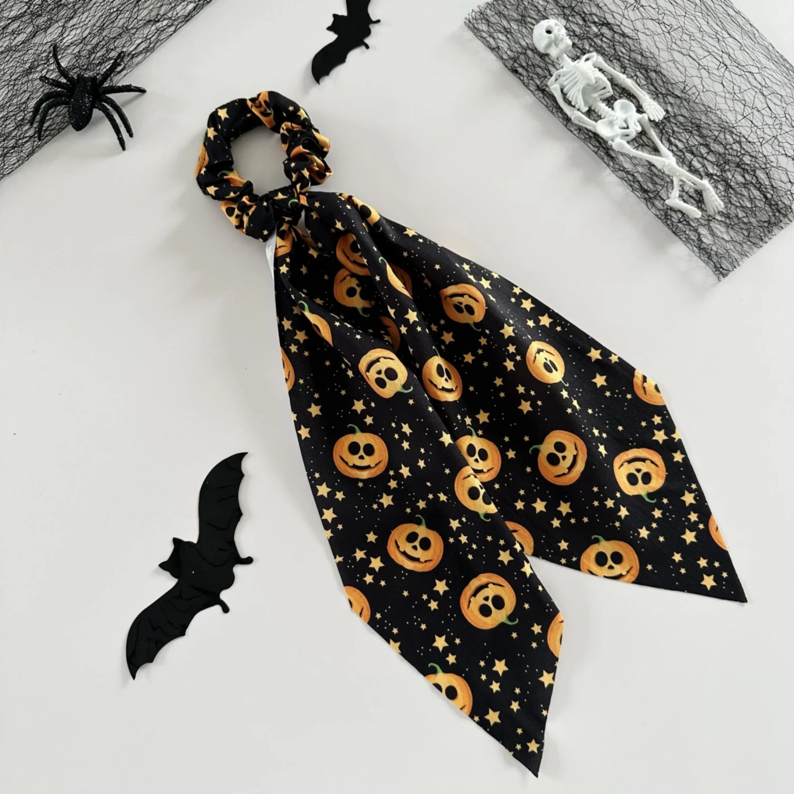 1PC Halloween Scrunchies Set, 3-Piece Pumpkin Ghost Bat Printed Hair Ties With Long Scarf, Cute Hair Accessories For Women Girls